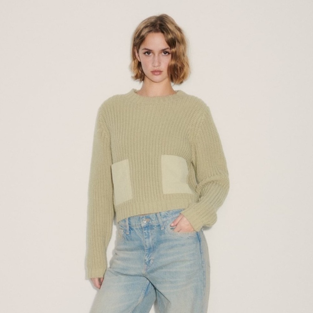 Zara Chunky Knit Pocket Sweater Sage Green Cropped Boxy Cozy Pullover Large